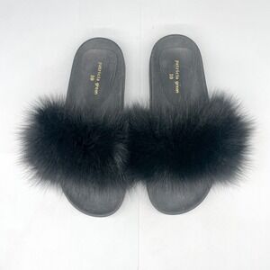 Patricia Green Womens 10 Foxy Cozy Slippers Black Faux Fur Slide Sandals Shoes